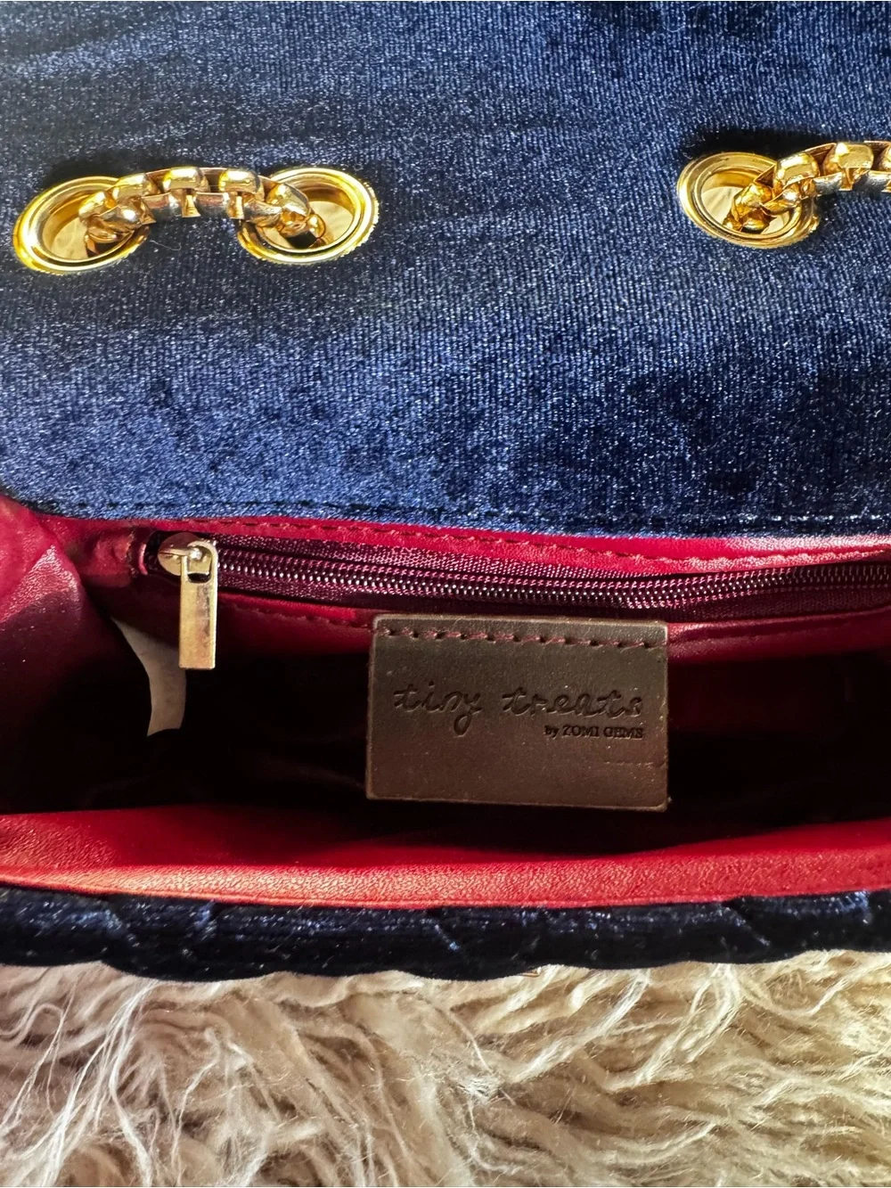 Tiny Treats Zomi Gems Navy Velvet Quilted Gold Chain Crossbody Purse